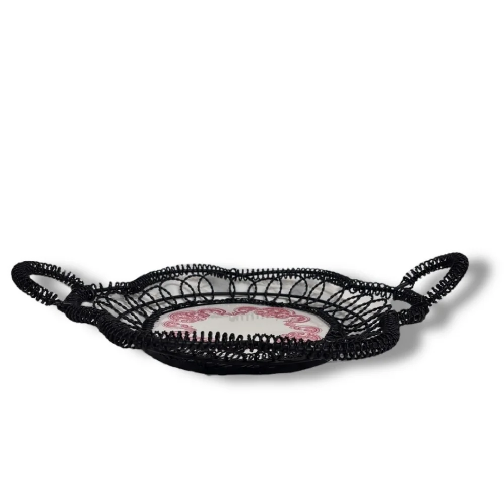 VINTAGE Black Coiled Wire Basket Ivory Ceramic Base Red Scrollwork Design